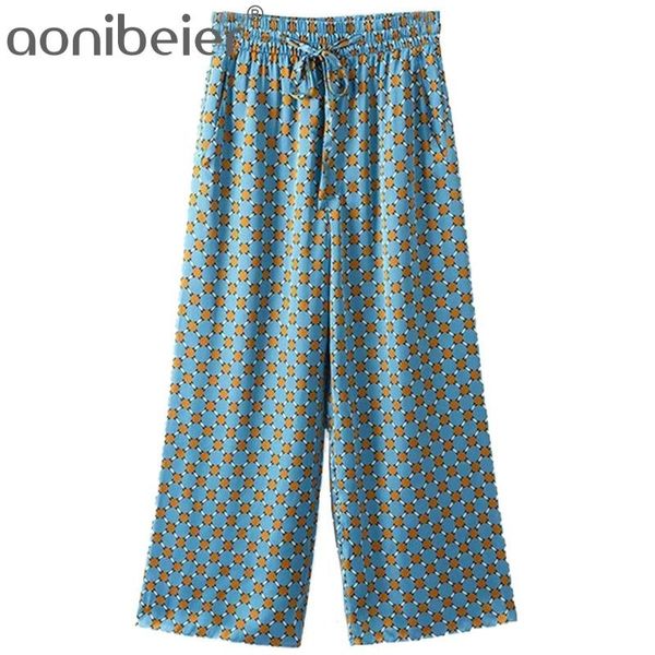

blue geometric print fashion casual thin style summer women loose ankle length pants elastic high waist female 210604, Black;white
