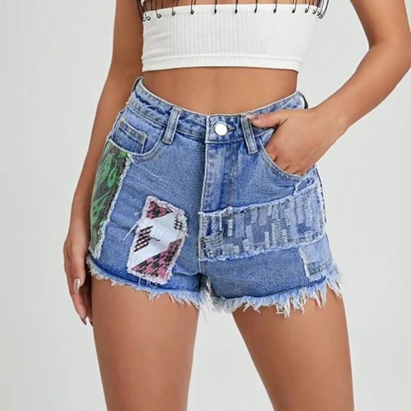 

women's shorts plus size women fashionbale high waist denim buttons vintage printed patch design tassel summer for work, White;black