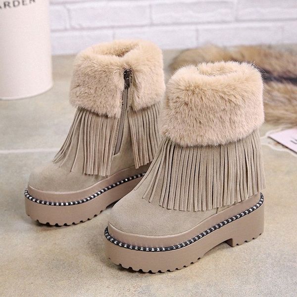 

lucyever womens casual tassel ankle boots keep warm fur winter snow boots ladies thick platform hidden wedges botas mujer i6x6#, Black