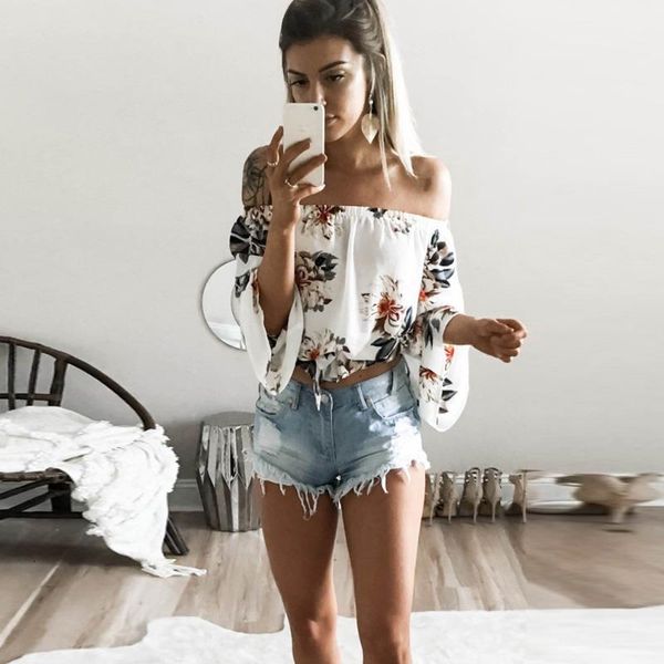 

flare sleeve boho flower print tank elegant off shoulder crop for women clothing summer streetwear tees camis, White