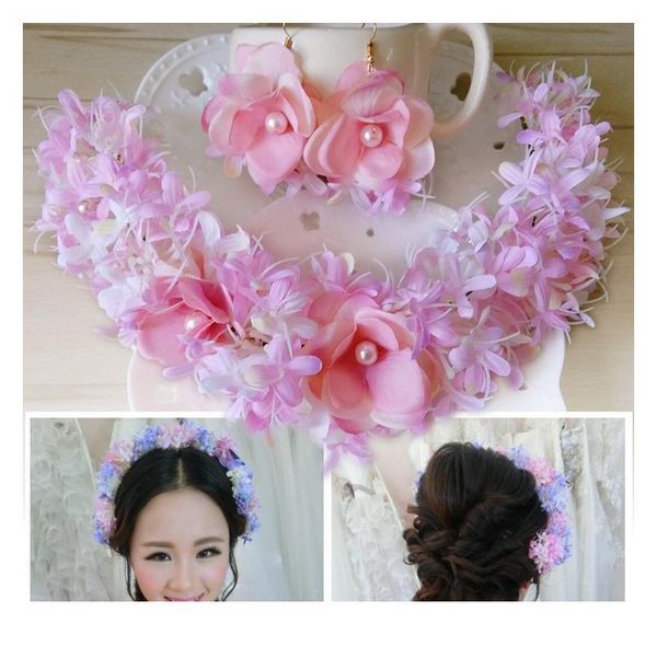 

women wedding flower wreath & earrings set bridal bridesmaid headband party flower crown korean hair accessories qylvuu