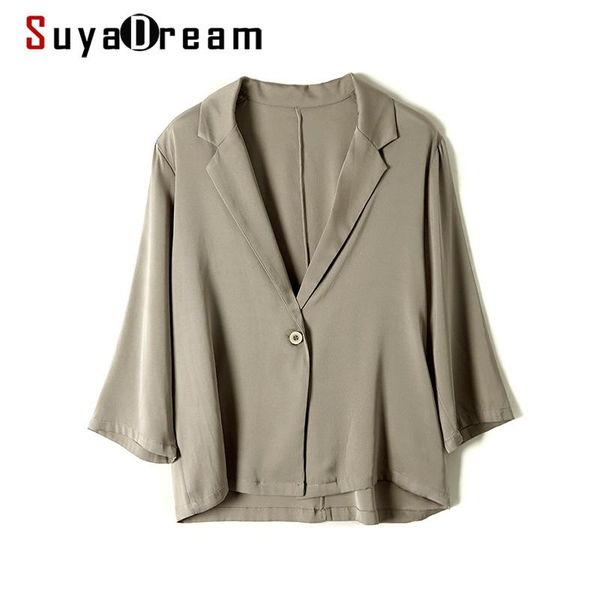 

women's suits & blazers suyadream women silk blazer double joe 3/4 sleeves single breasted summer chic 2021 spring autumn jackets, White;black