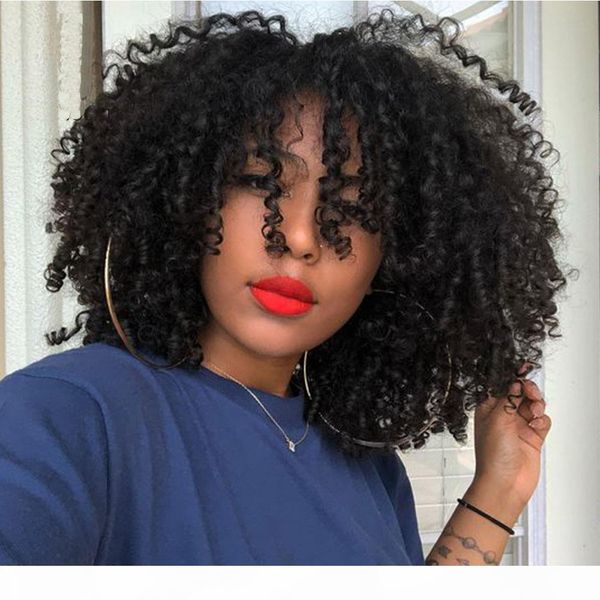 

human hair wigs short hair with bangs cheveux naturels frange humains femme non lace wig brazilian kinky curly human hair wig, Black;brown