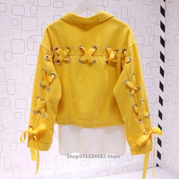 

autumn korean version of the cross-tie wide loose yellow denim jacket female short wild fashionable trend women's jackets, Black;brown