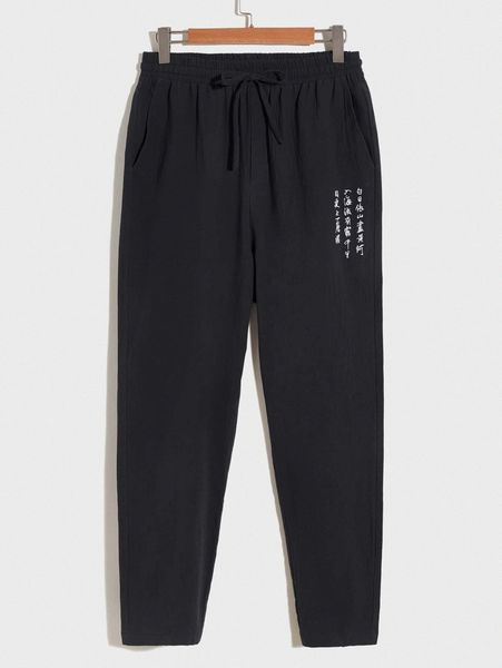 

men chinese letter embroidery drawstring waist pants r4pc#, Black
