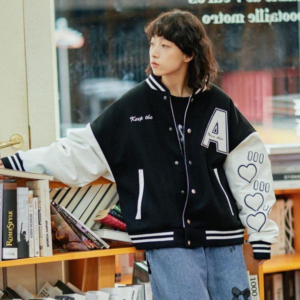 

men's jackets baseball jacket men women love flocking patchwork varsity college casual autumn loose korean street coats female, Black;brown