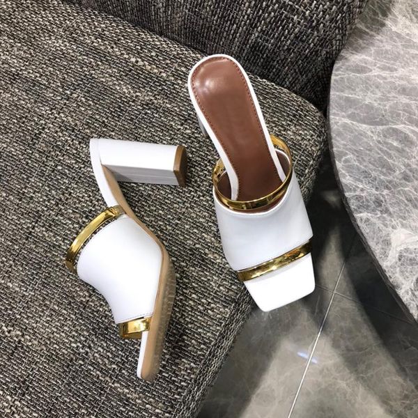 

dress shoes 2021 women summer genuine leather and gold stripe slippers sandals with thick heels high, Black