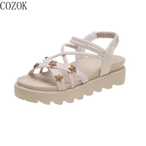 

2021 women's sandals fashion all-match simple vamp metal stars decoration sweet platform women's sandals, Black