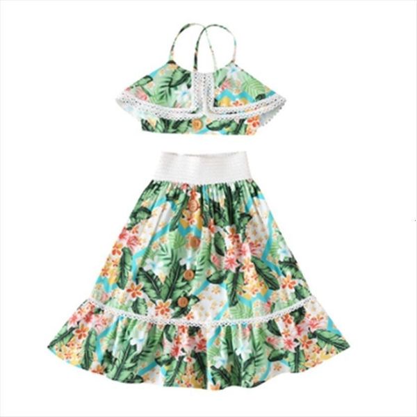 

baby summer clothing 1 6y girls flowers print ruffles sleeveless lace vest crops boho skirt, White