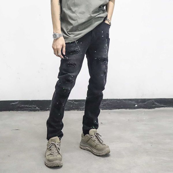 

new 2021 ink painted hole jeans for men high street oversize straight pencil pants harajuku washed retro loose denin torusers 800i, Blue