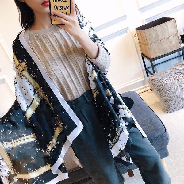 

nice quality classic brand 100% silk scarf for women new spring design chain style long scarves scarfs wrap180x90cm shawls, Blue;gray