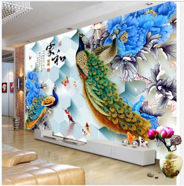 

wallpapers custom po wallpaper 3d murals wall paper modern blue flowers peony peacock living room background papers decor