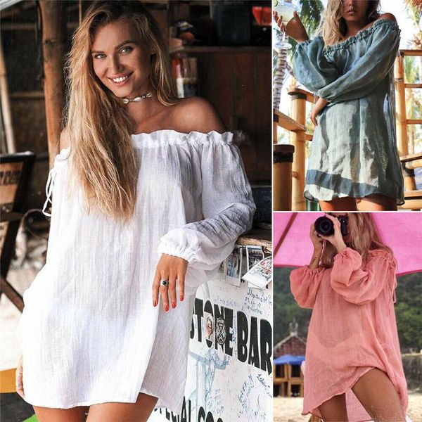 

women's swimwear 2021 fashion women beach cover-ups off shoulder plain bikini summer kaftan sarong dress, White;black