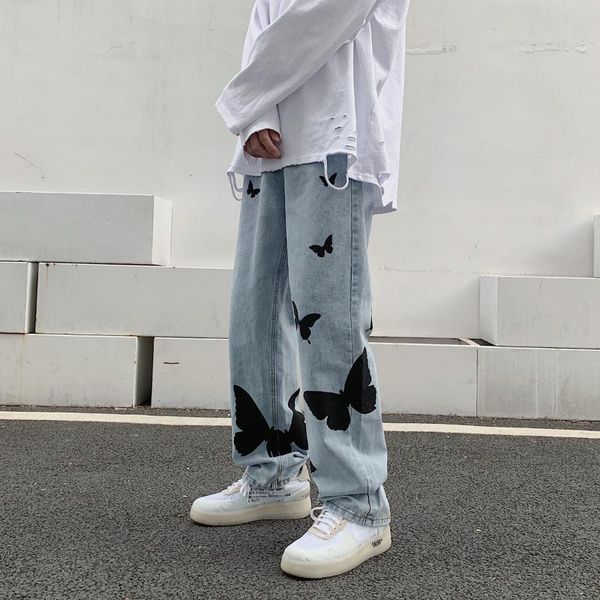 

men's jeans brand clothing male printed jeans/mens loose butterfly print casual jeans/femininity hip-hop style trousers, Blue