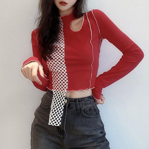 

spring 2021 style hit color slimming irregular stitching cropped long-sleeved t-shirt women's ly299, White
