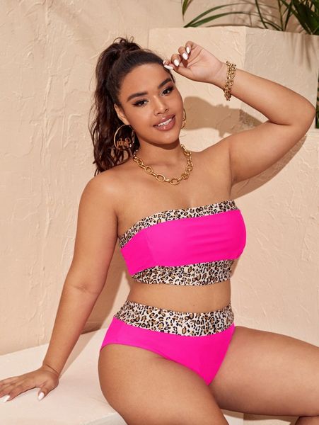 

plus contrast binding bandeau bikini swimsuit m7qz#, Black