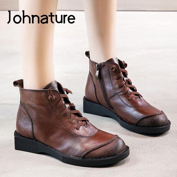 

boots johnature women genuine leather 2021 shoes zip round toe retro flat with lace-up handmade concise platform, Black