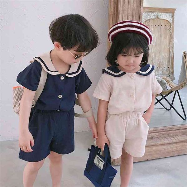 Verão estilo coreano crianças marinheiro colarinho de algodão roupas de linho conjuntos meninos meninas camiseta + shorts 2 pcs criança criança menino 210528