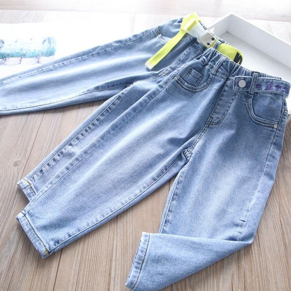 

2021 spring girls letter belt jeans children's wear wholesale, Blue
