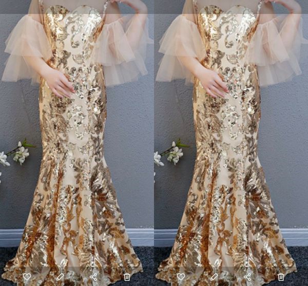 Abiti da ragazza di fiori in oro con paillettes con maniche lunghe a 3/4 Illusion Appliques in pizzo Mermaid Girls Pageant Dress Kids Birthday Photo Shoot Gown