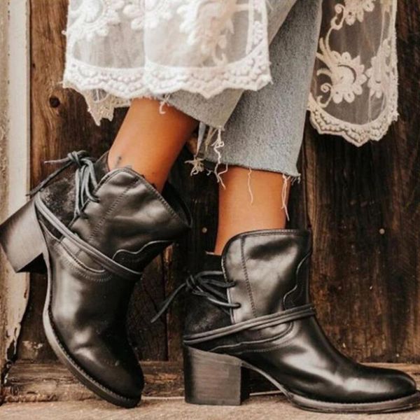 

boots women's winter fashion ankle platform retro squared heel vintage booties round toe lace up botas mujer, Black