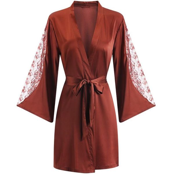 

women's sleepwear lace hollow out women kimono nighty bathrobe bride wedidng robe satin nightwear summer lounge gown home wear, Black;red