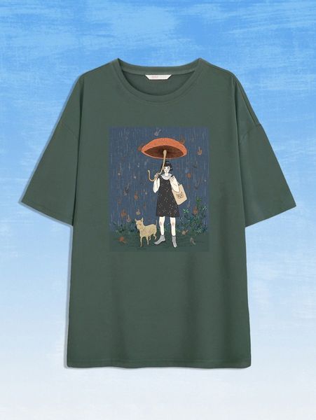 

romwe x inksmuggler mushroom figure & cat print tee l9mk#, White
