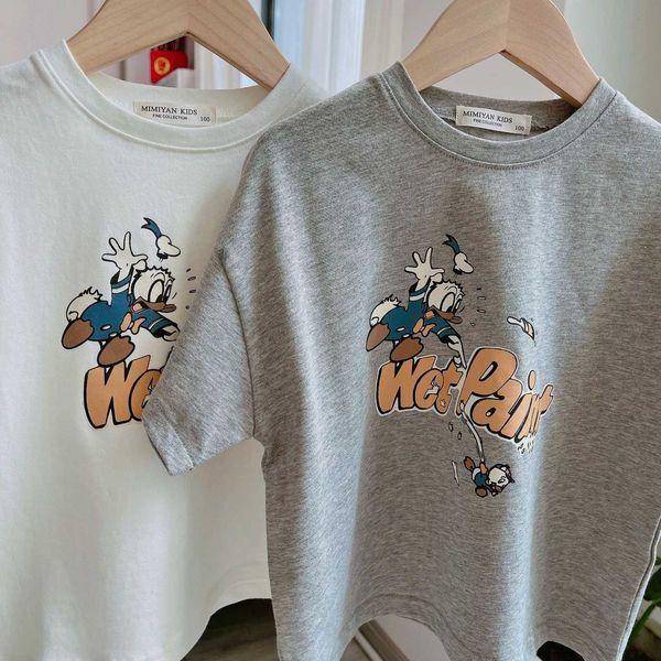 

2021 new and children's squint summer boys girls cartoon duckling printed short sleeve baby round neck t-shirt, Black;white