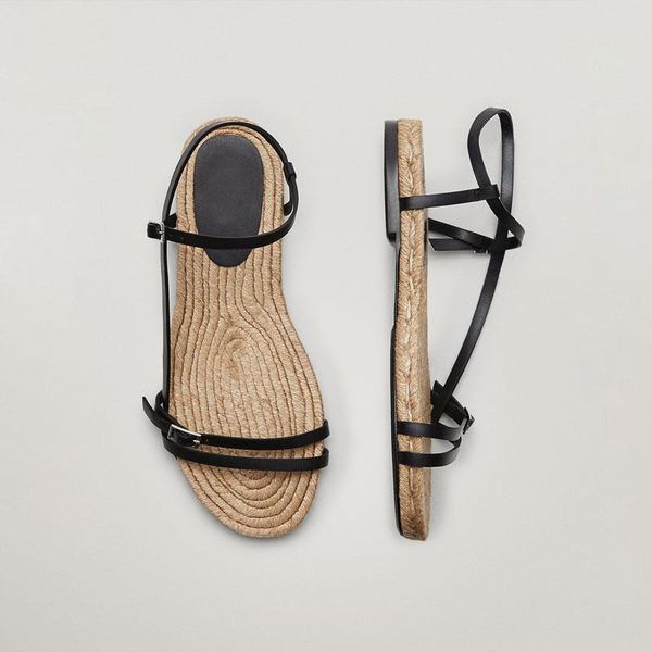 

sandals 2021 summer flats straw fisherman shoes women's woven genuine leather buckle strap gladiator sandalias beach shoe slides, Black