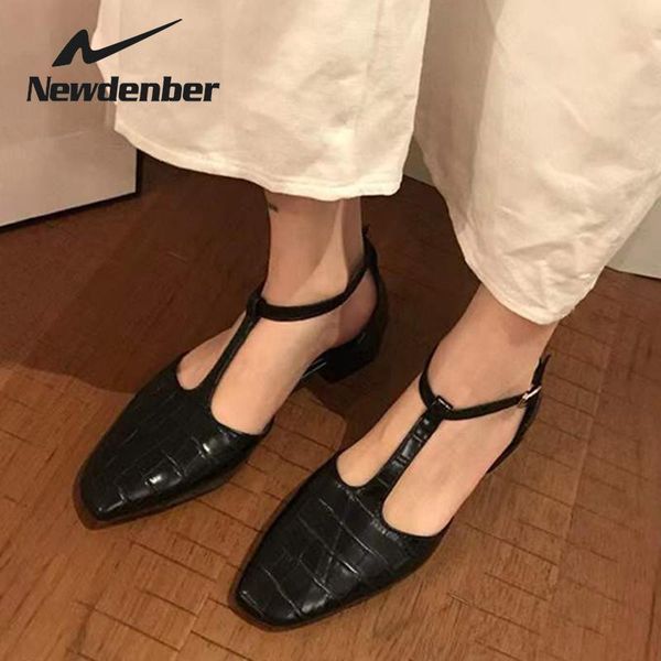 

2021 new women summer sandals buckle strap solid retro cover heel t-shaped thick heeled shoes british spring lady shoes female, Black