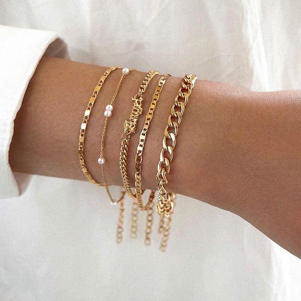 

link, chain 5 pcs/set vintage gold thick bracelets for women fashion pearl letter angel set jewelry accessories, Black