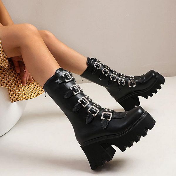 

boots women's punk rock round toe platform high heel handsome zipper low, Black