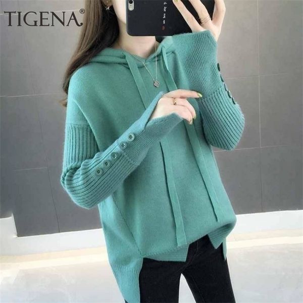 

tigena knitted hoodies sweatshirt women fall winter korean loose long sleeve hooded sweatshirt female poleron women 201126, Black