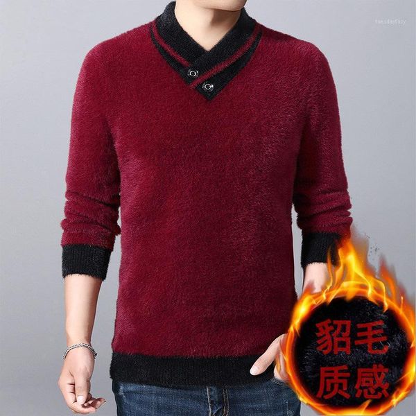 

men's sweaters add fluff clothing qiu dong with v-neck button fashion leisure knit thick loose imitated mink villi1, White;black