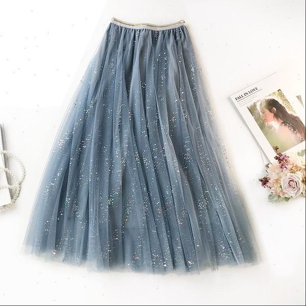 

elegant vintage pleated skirts women summer 2021 new high waist shining sequined tulle skirts casual loose mesh skirt pettiskirt, Black