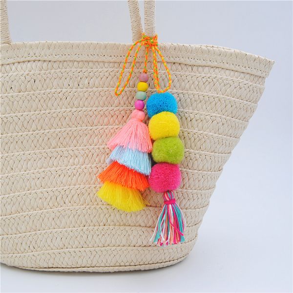 

1pc boho style pompons keychains with colorful tassel for women bag hanging wooden beads pendant summer jewelry, Silver