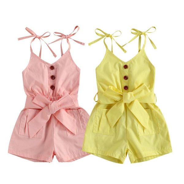 

baby's solid color jumpsuit v-neck spaghetti straps short pants button romper with bow 1-5years, Blue