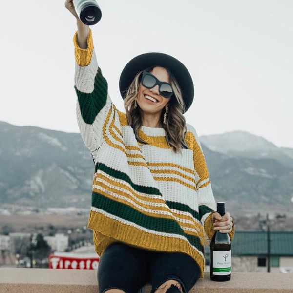 

jaycosin pullovers women soft autumn o-neck sweaters womens pullover student striped harajuku knitted loose outwear 11111, White;black