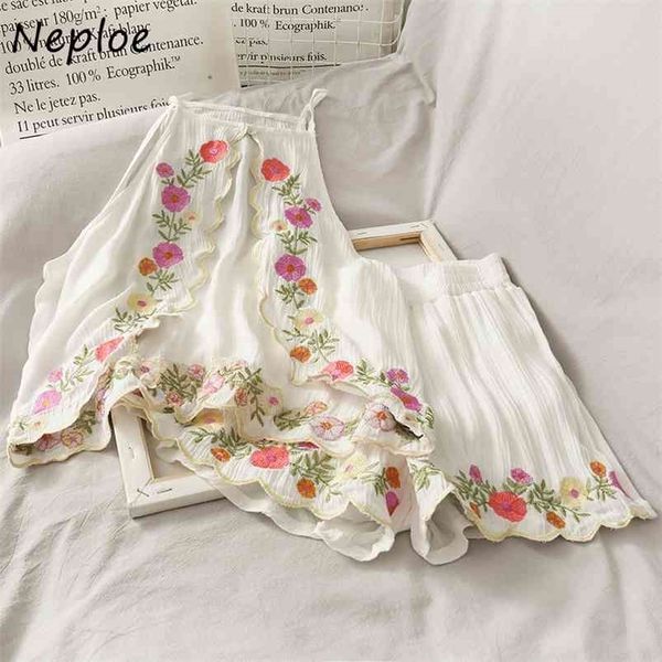 

neploe women retro two piece set vintage embroidered flower off-shoulder halter short strap ladies high waist slim shorts 1e954 210730, White