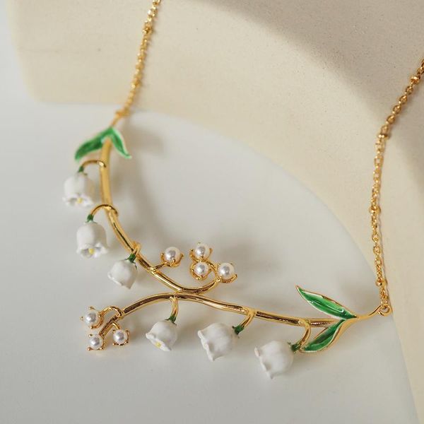 

pendant necklaces elegant white flower necklace for women enamel glaze bell orchid branch neck jewelry party accessories, Silver