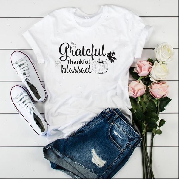

women lady t shirt thankful grateful printed tshirt ladies short sleeve tee shirt women female clothes graphic t shirt, White