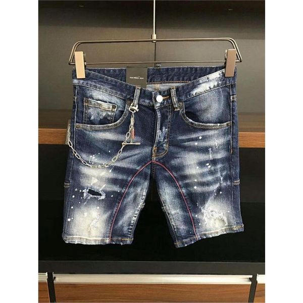 

men's jeans ripped shorts 2021 summer new biker casual vintage slim fit denim shorts male brand clothes with chains, Blue