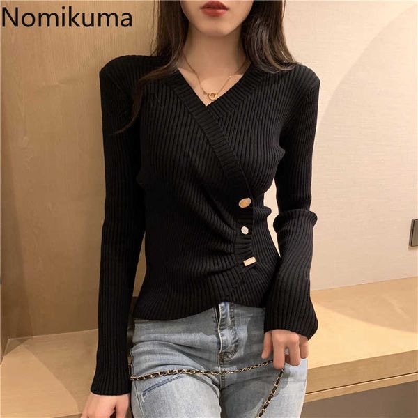 

irregular buttons slim short knitwear korean long sleeve v-neck jumper spring basic women knitted 6e892 210603, White;black