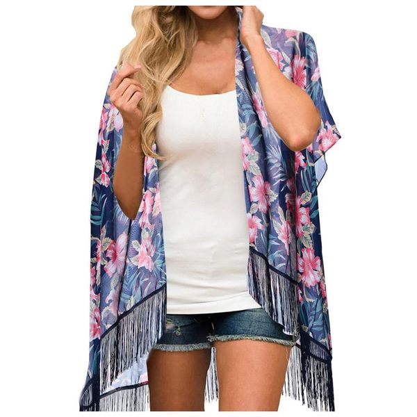 

women's swimwear women summer beach cardigan oversize floral print short sleeve beachwear tassels loose boho outerwear cover up, White;black
