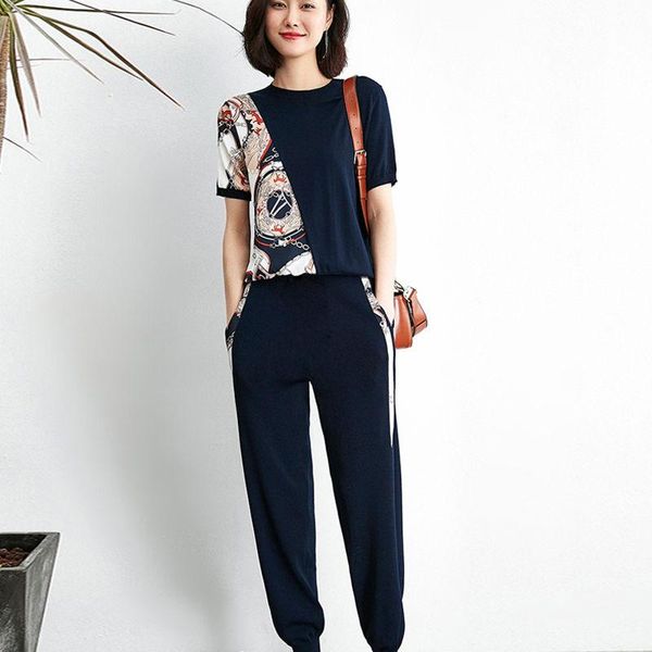 

plus size tracksuits two piece set women t-shrit and ankle-length pants spring summer outfits for sizes, Black