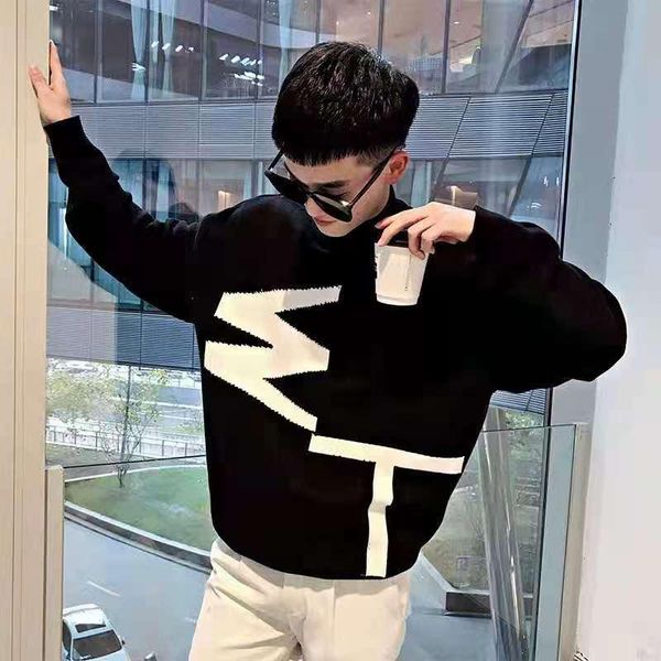 

2021 new black sweater men's winter thick half high neck men's sweater korean fashion handsome loose wild bottoming shirt, White;black