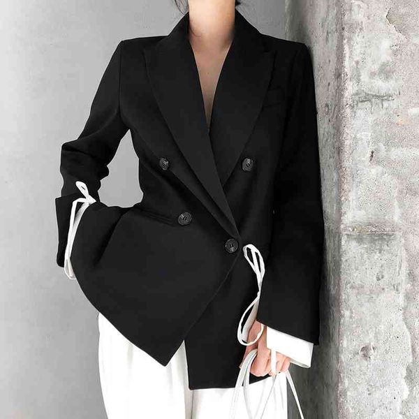 

women blazers and jackets elegant slim fit faketwo piece black suit jacket feminino branco female workwear 210608, White;black