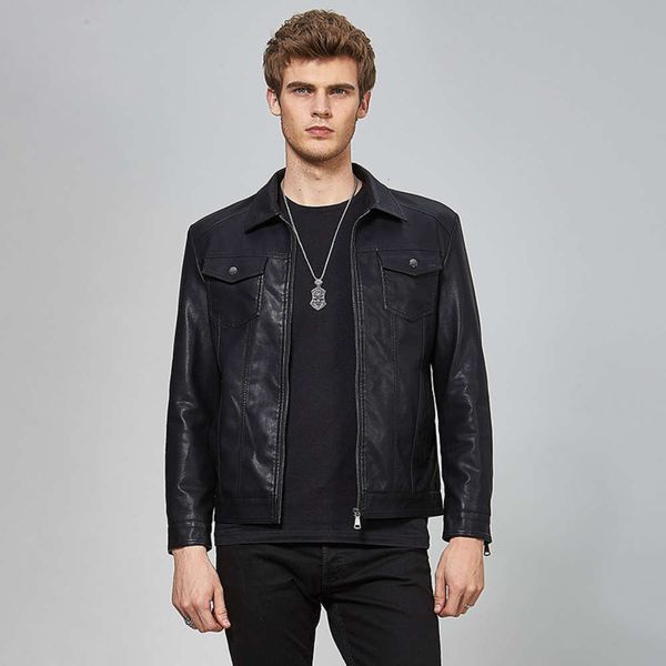 

autumn new korean jacket casual long sleeve slim collar zipper pu leather coat men's wearwinter, Black