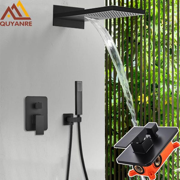 

matte black shower faucet rainfall waterfall shower head with handshower concealed system embedded box bath faucet