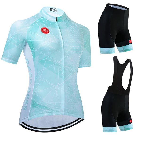 Fabrika Doğrudan Satış Kadın Bisiklet Jersey Set Yol Bisiklet Gömlekleri Kısa Kollu Nefes Alabilir Binicilik Giysileri 20d Yastıklı önlük şortlu Jersey Açık Mavi